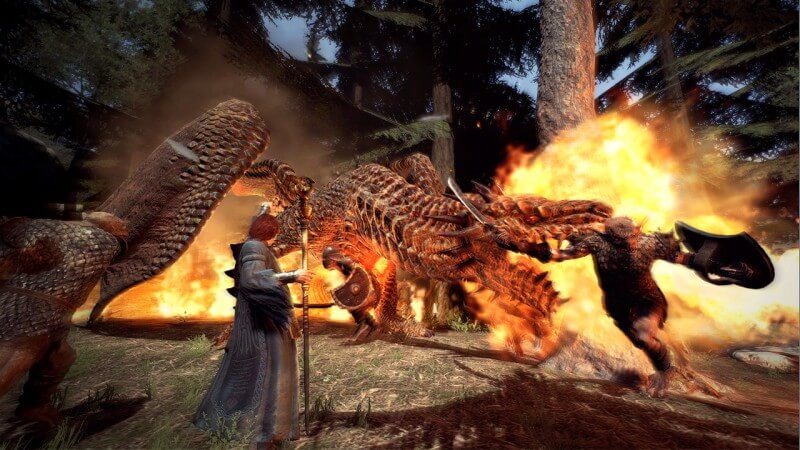Salah satu tampilan game Dragon’s Dogma di mana para prajurit terlihat melawan naga